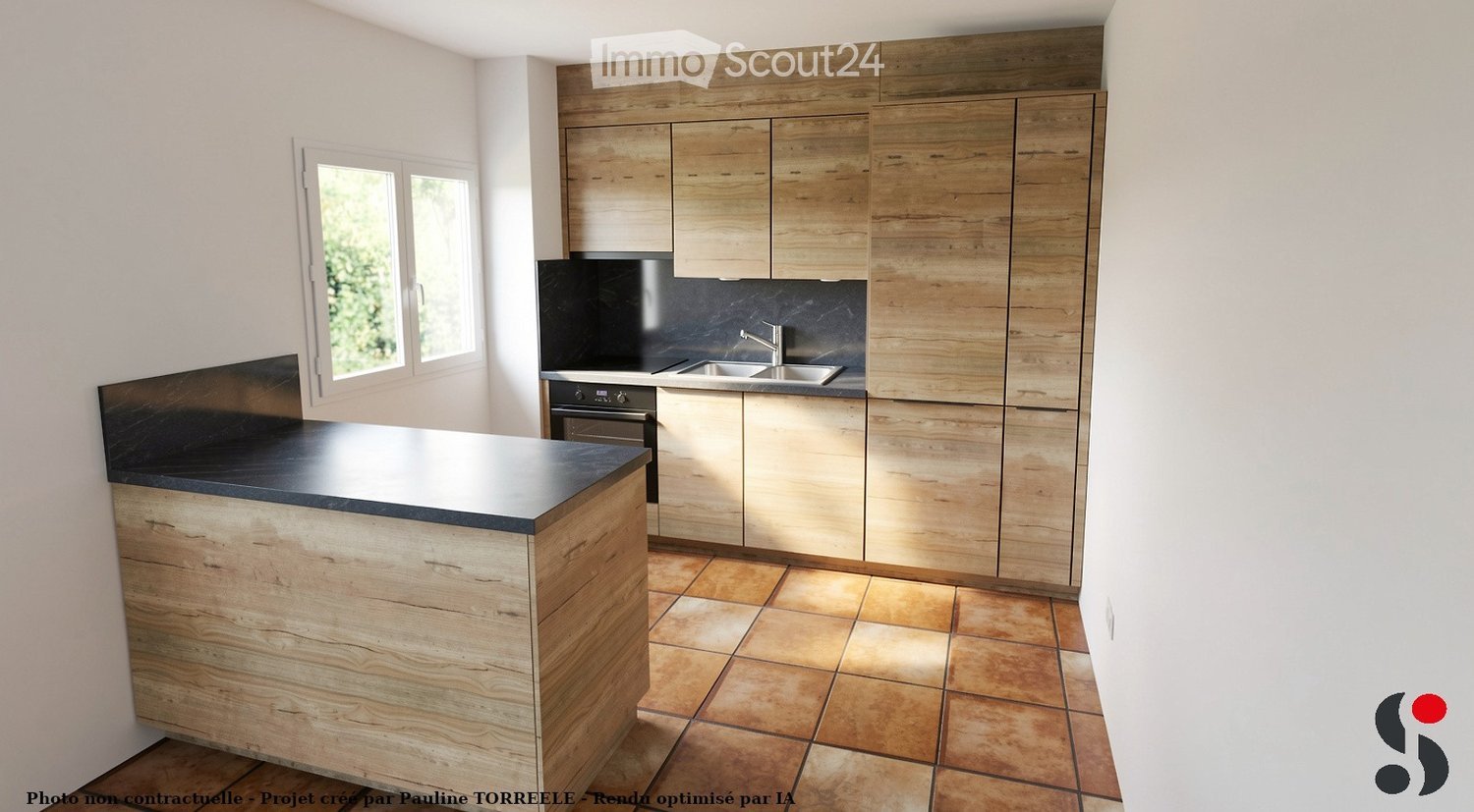 Modern kitchen with wooden cabinets, black countertop, sink, and oven. Features a central island with a black countertop and tiled floor.