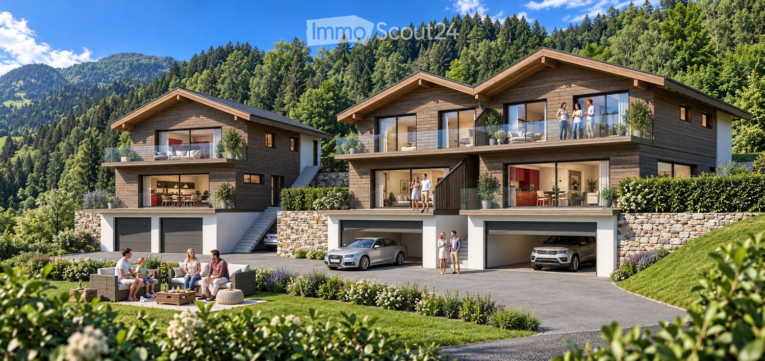 Two-story modern house with wooden facade, large windows, balconies, garage, and parking area. The house is surrounded by a well-maintained garden and overlooks a scenic mountain landscape.