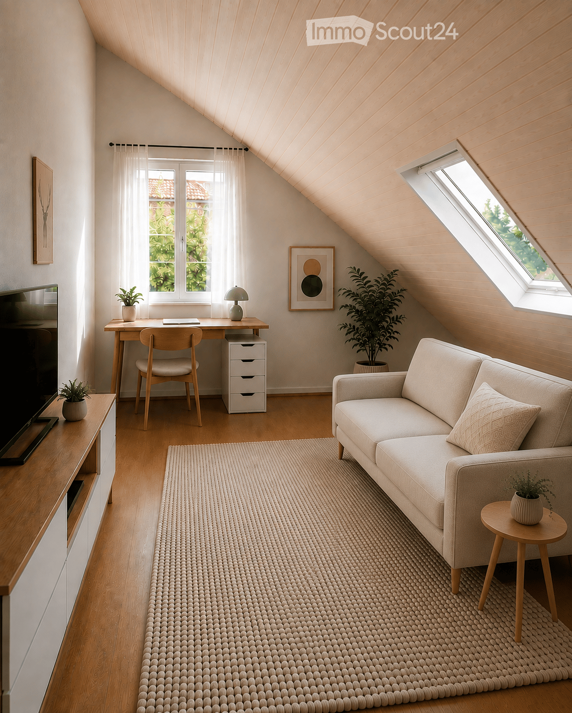 Cozy attic room with slanted wooden ceiling, large windows, sofa, coffee table, desk, chair, and plants.
