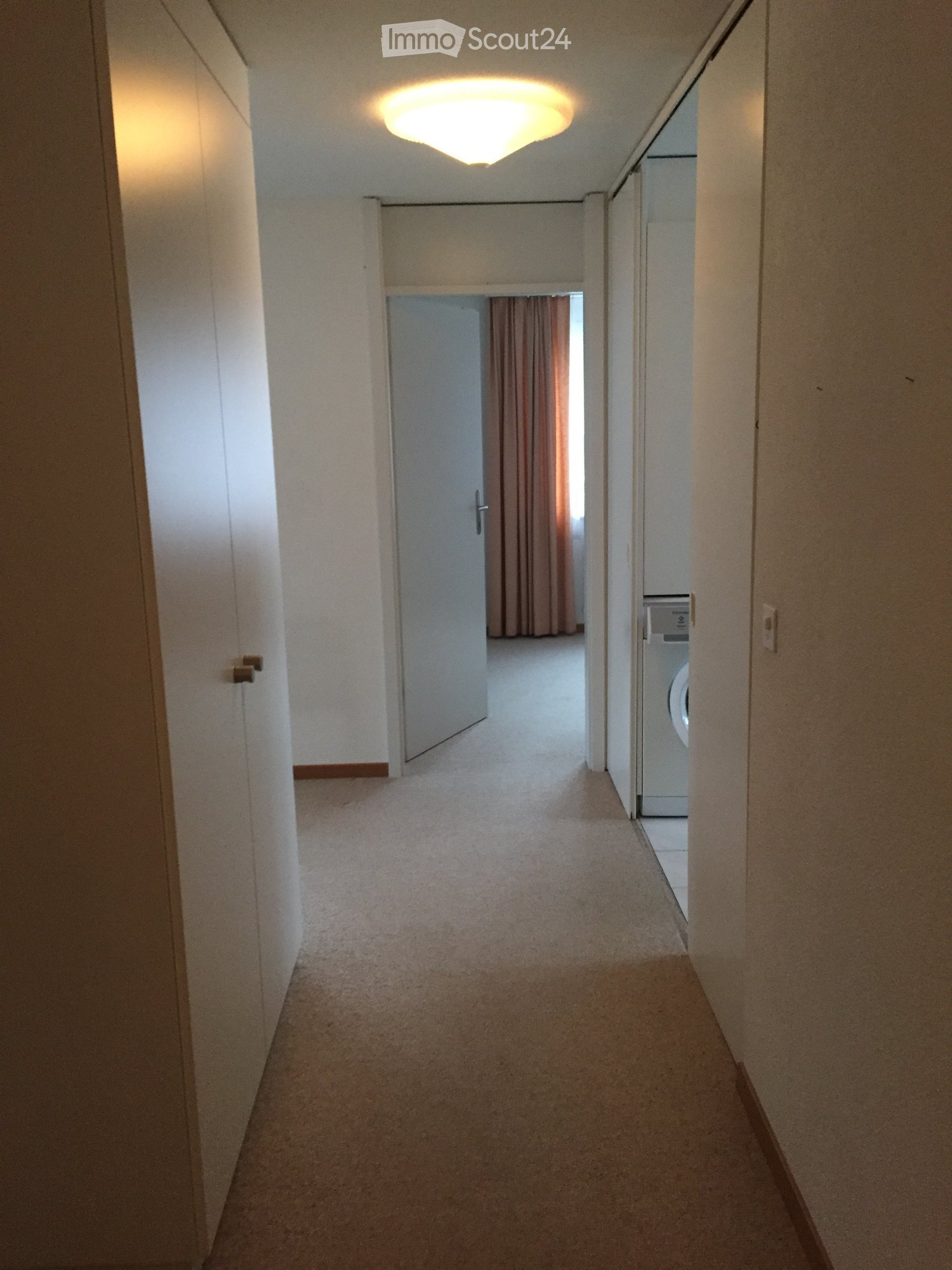 Empty hallway with carpeted floor, white walls, and a ceiling light. A door leads to another room with a curtain, and a washing machine is visible in an adjacent area.