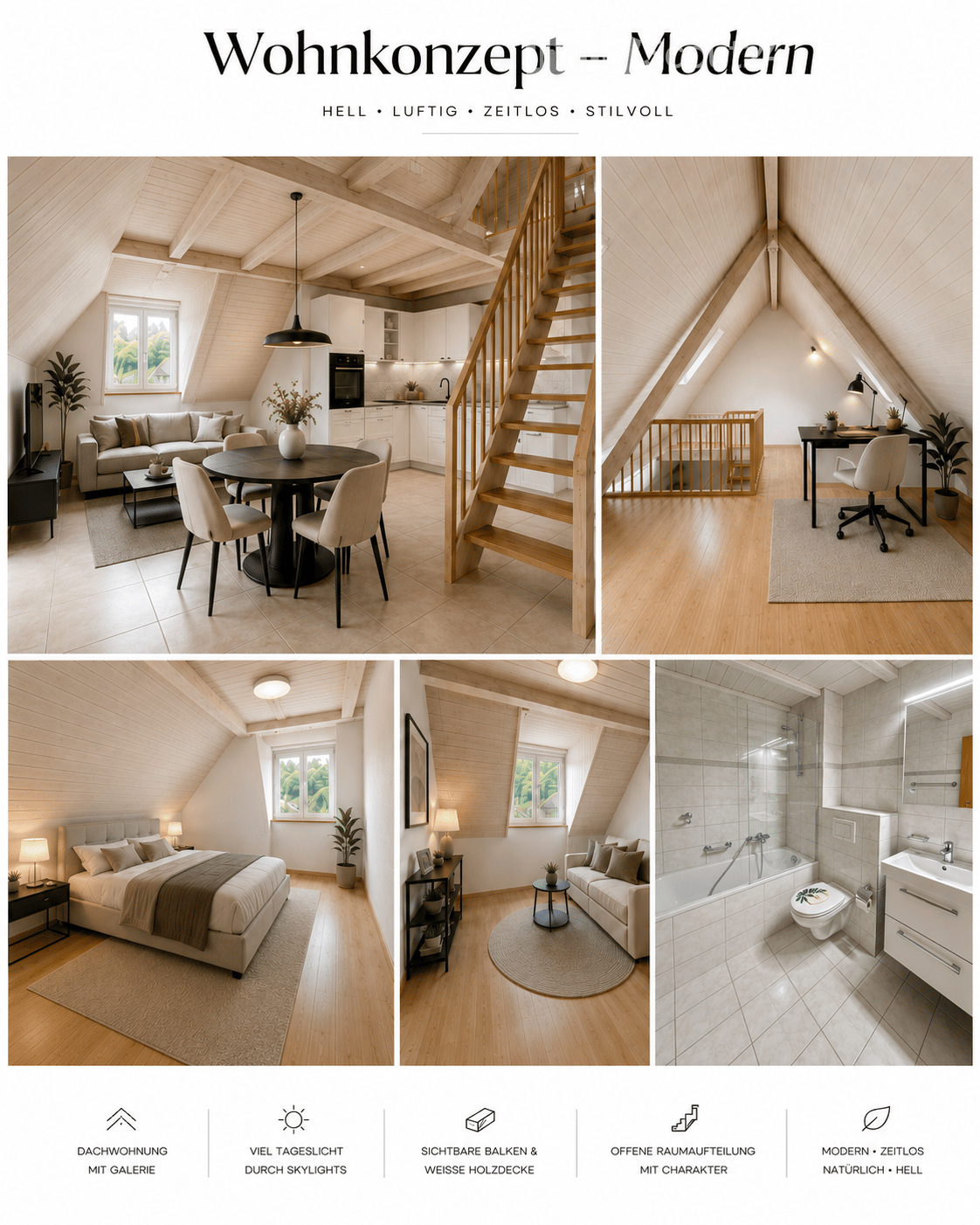 Modern attic apartment with multiple rooms including a living area, dining area, kitchen, bedroom, study, and bathroom. Features exposed wooden beams, large windows, and modern furnishings.