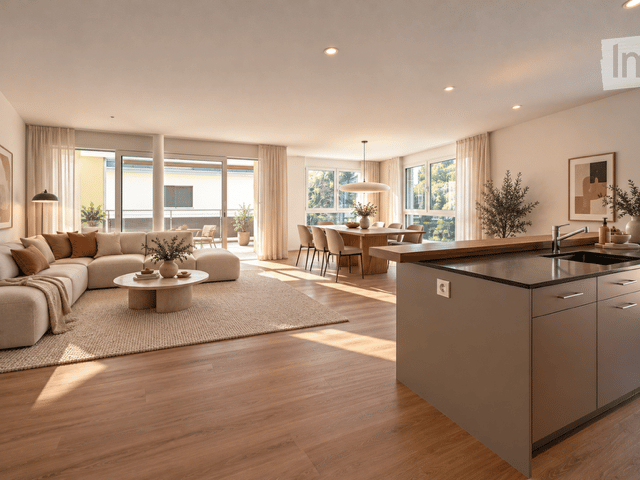 Open-plan living and dining area with modern furniture, large windows, and a kitchen island.