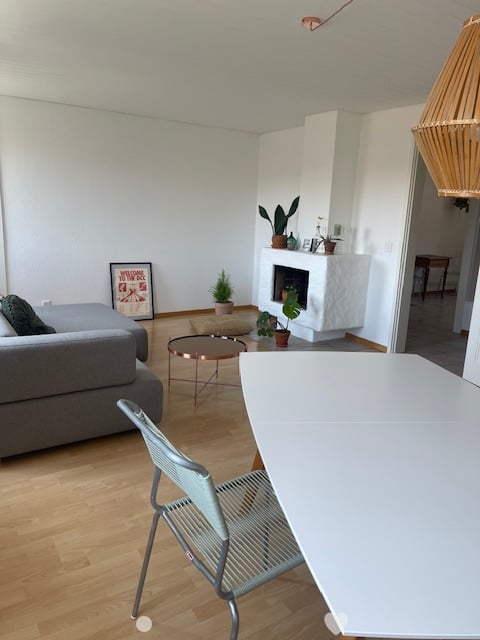Modern living room with light-colored walls, wooden flooring, a grey sofa, a small coffee table, a fireplace, and a white dining table with a metal chair.