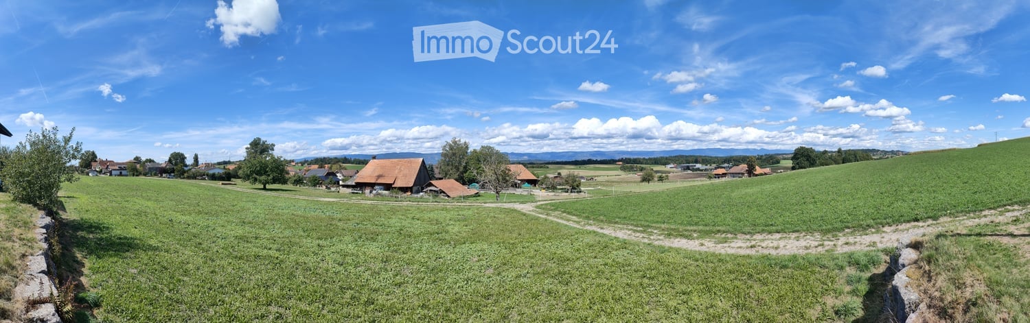 A peaceful rural landscape with green fields, scattered trees, and a few houses in the distance under a clear blue sky.