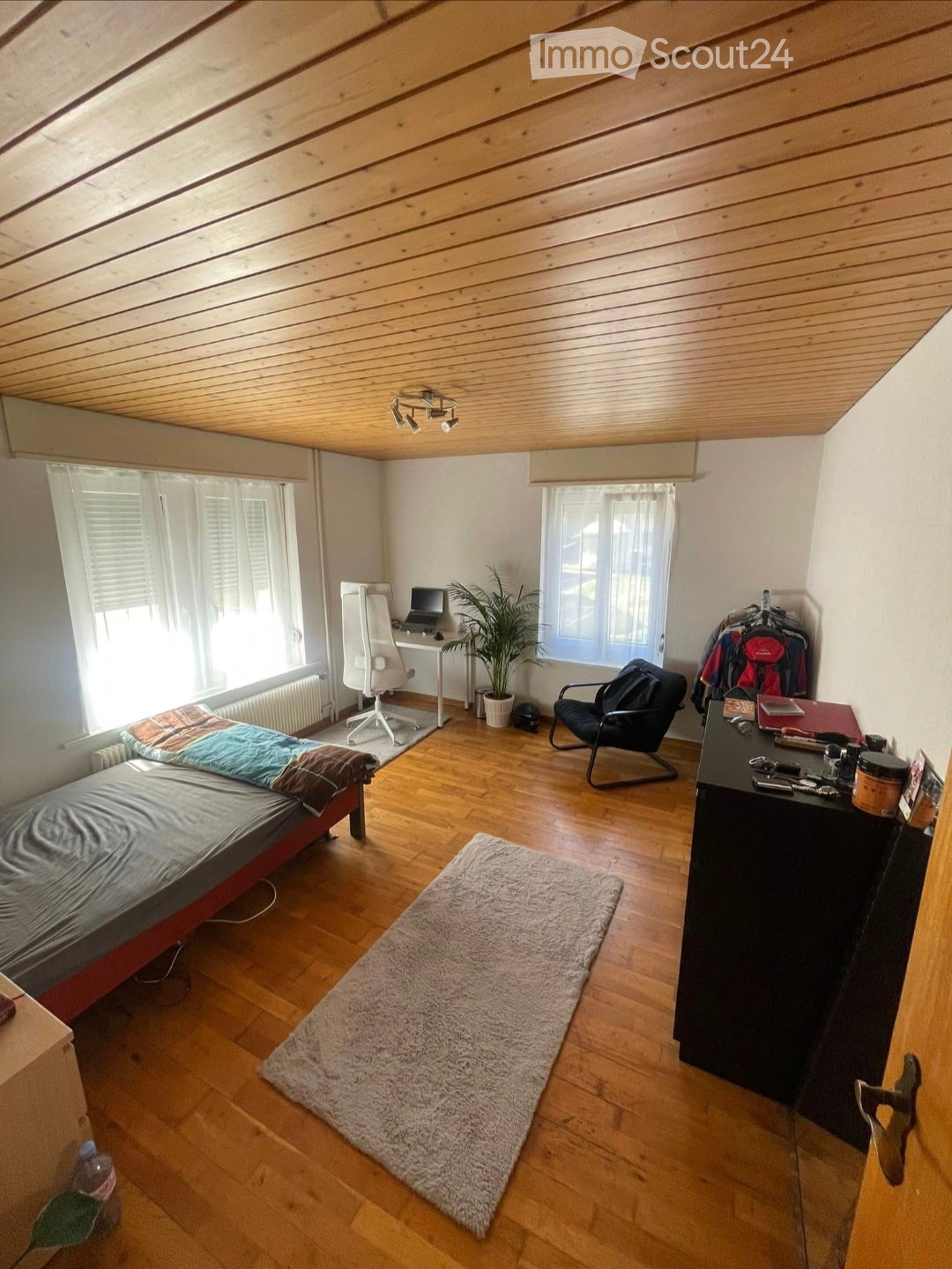 Cozy attic bedroom with wooden slatted ceiling, hardwood floor, large windows, a sofa bed, desk, chair, plant, and wardrobe.