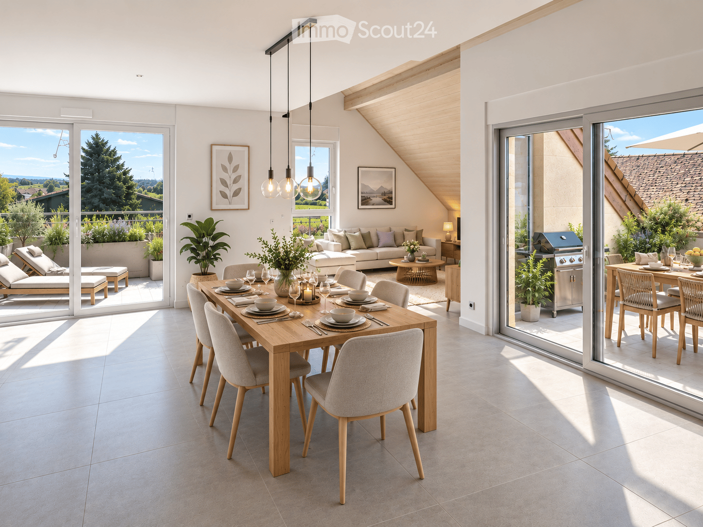 Bright, modern dining and living area with a wooden dining table, six chairs, a white sofa, pendant lights, framed artwork, and a view of a well-maintained garden through large windows and sliding doors.