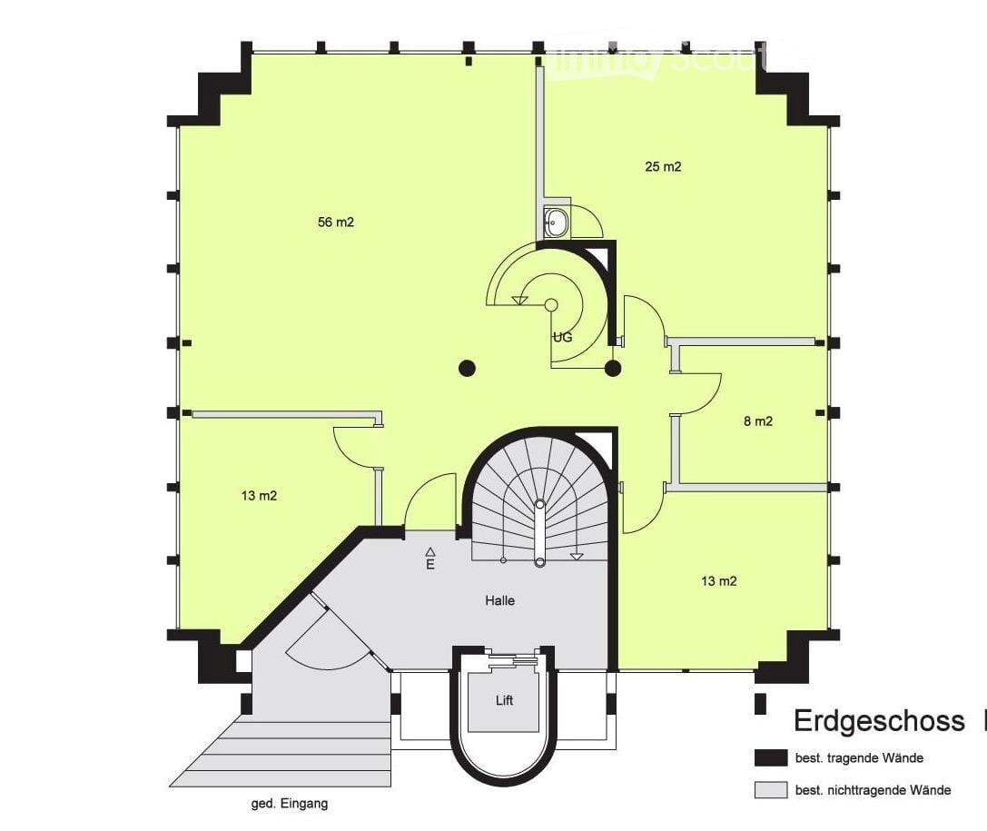 Entrance hall, main hall, lift, bathroom, 2 rooms with 13 square meters, toilet, 2 rooms with 56 square meters, toilet, two rooms with 25 square meters, shower room, storage
