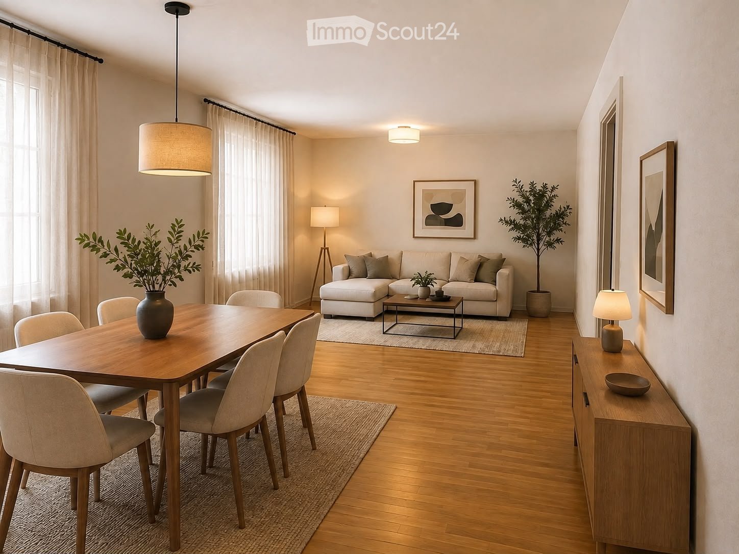 Modern living and dining area with a light-colored sofa, coffee table, dining table with chairs, and decorative elements including lamps, artwork, and plants.