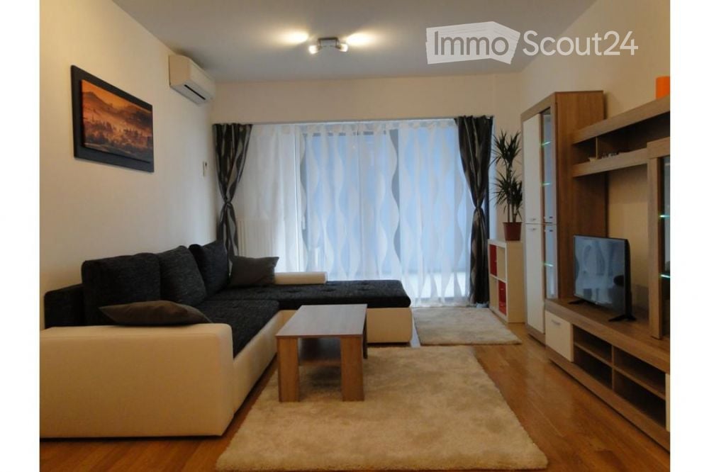 Modern living room with a sectional sofa, coffee table, TV stand, potted plant, and picture frame on the wall.