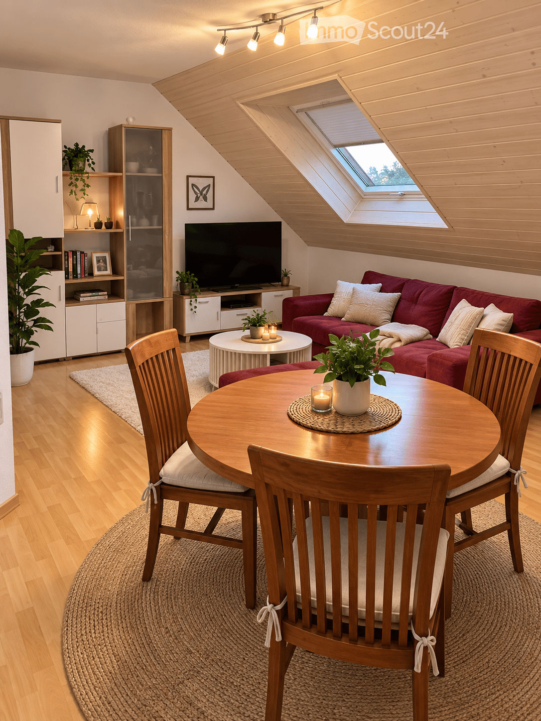 Bright, modern living and dining area with wooden floors, a red sofa, a coffee table, a dining table with chairs, a TV, and a cabinet with decorative items.