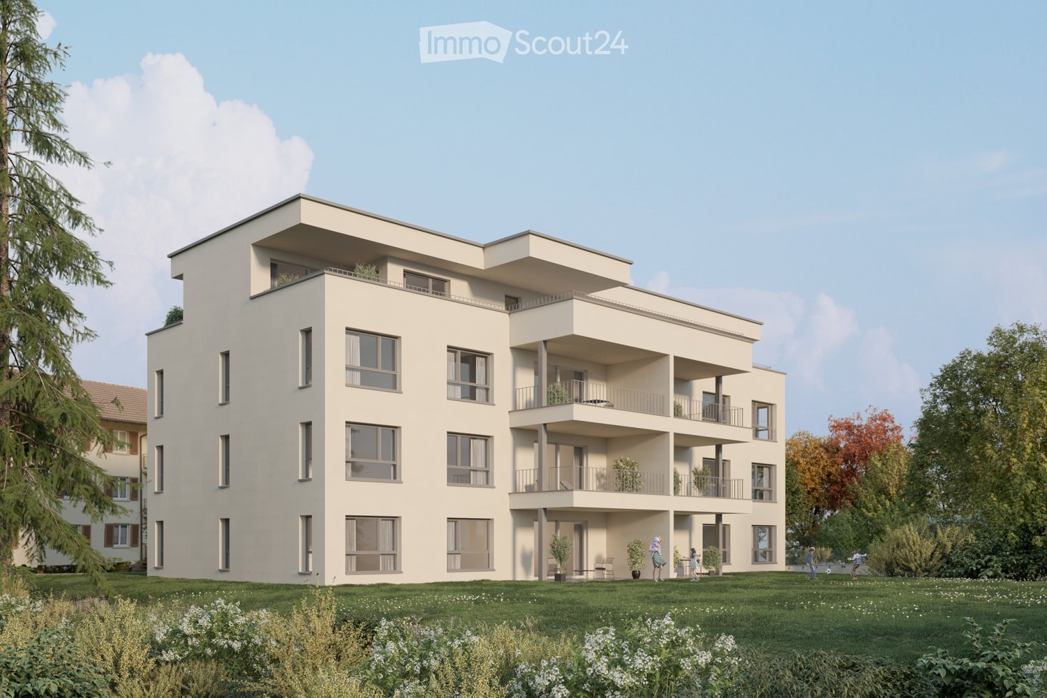 Modern multi-story residential building with balconies, large windows, and surrounding greenery.