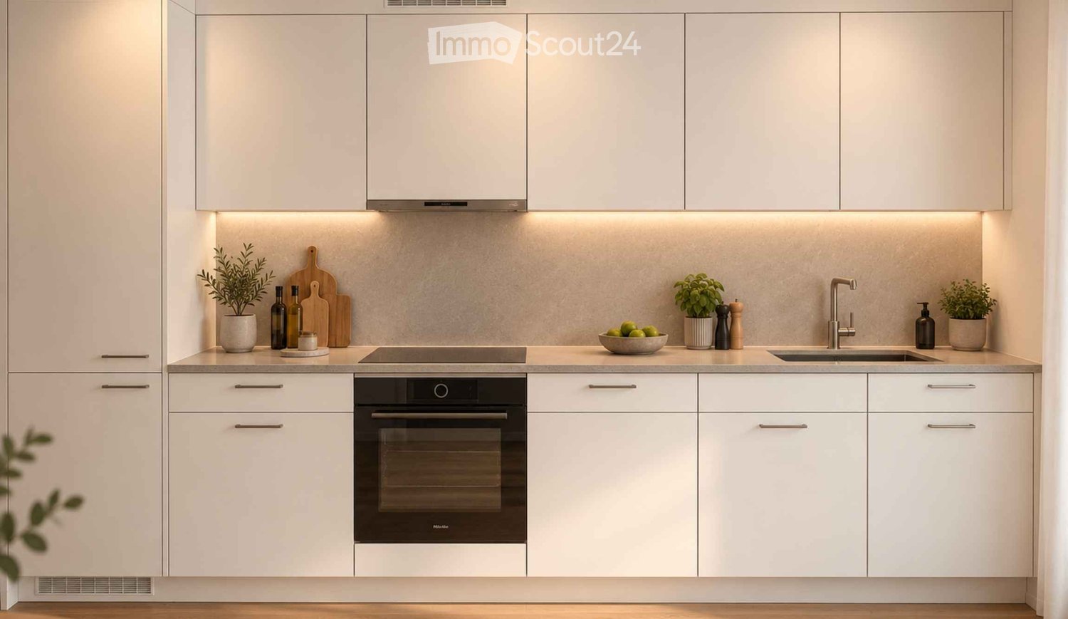Modern kitchen with white cabinets, stainless steel appliances, and a clean, minimalist design. Features an oven, sink, and countertop with decorative items like potted plants and a bowl of fruit.