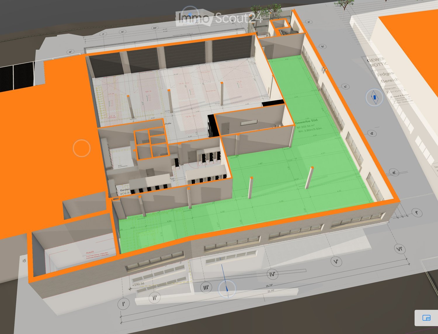 3D floor plan of a multi-level building with labeled rooms, including a garage, garden, and commercial space. Dimensions and room labels are visible.