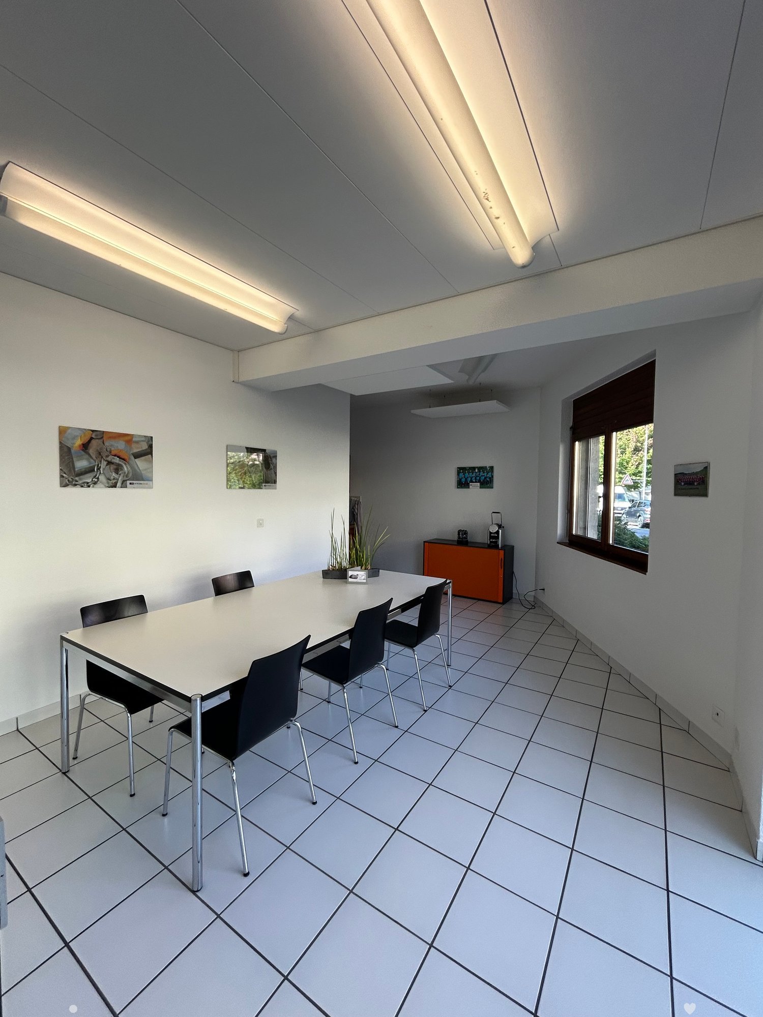 Bright, modern room with white tiled flooring, a long white table surrounded by black chairs, a small orange cabinet, and potted plants on the table. Large window with view of greenery outside.