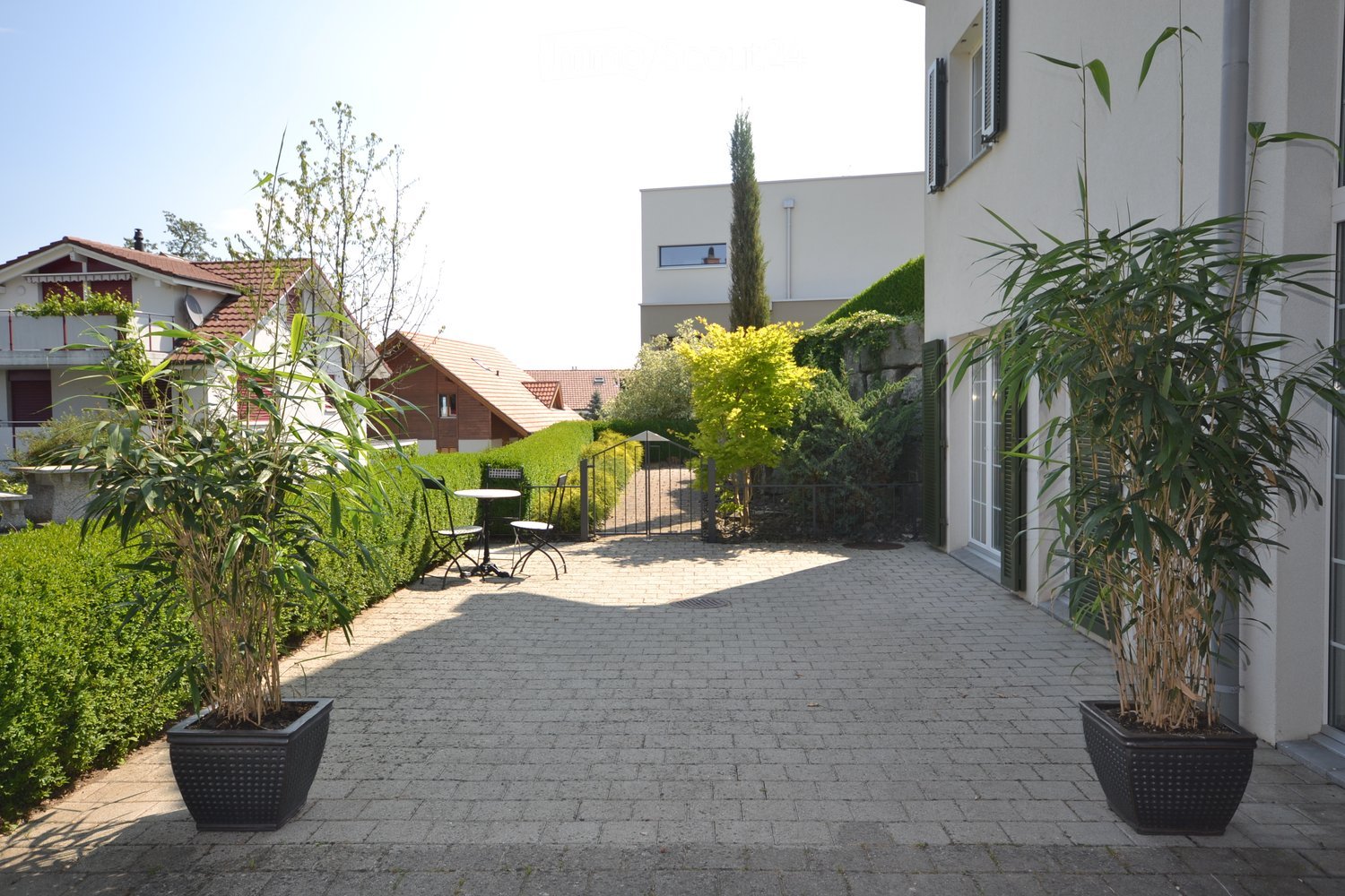 A paved outdoor area with potted plants, a small table and chairs, and surrounding greenery.