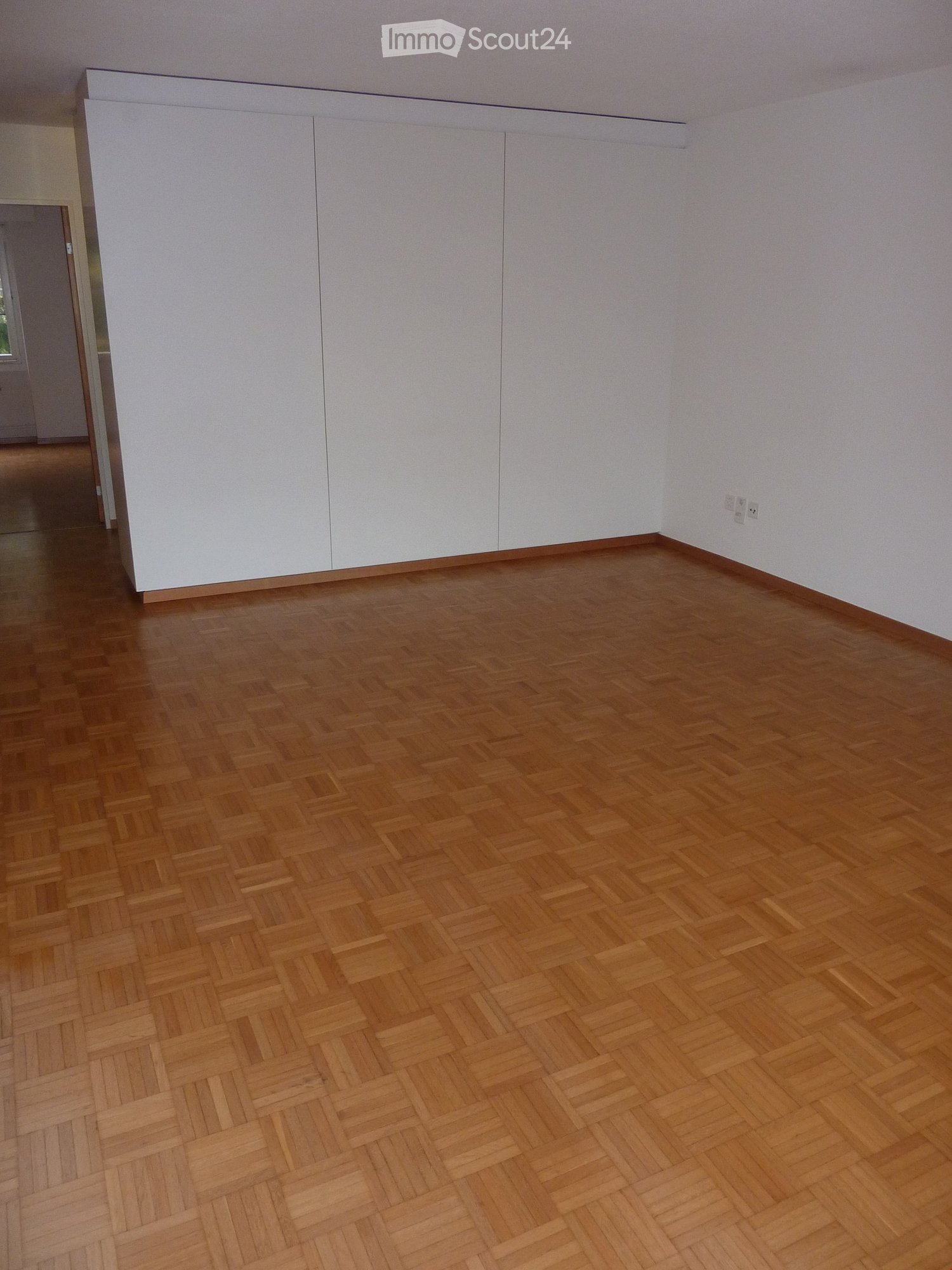 Empty room with wooden herringbone flooring and white walls, featuring a large white cabinet unit on one side and a visible doorway leading to another space.