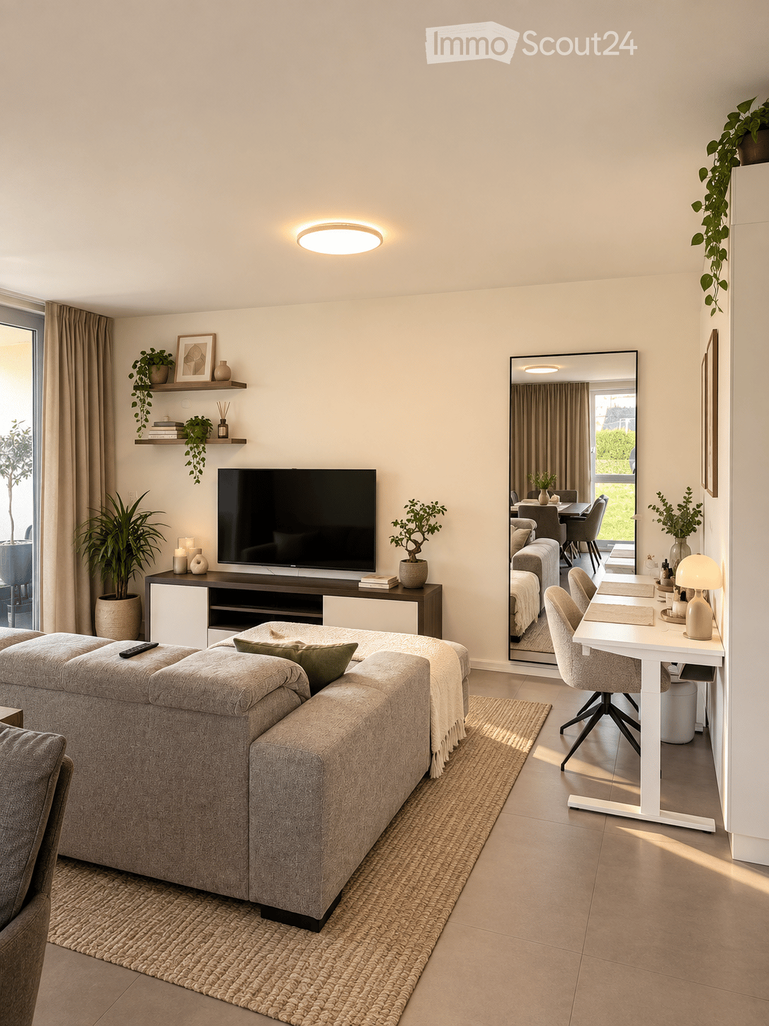 Modern living room with a grey sectional sofa, coffee table, flat-screen TV, side table, and a small desk area with a chair and lamp. The room features a large mirror, potted plants, and a woven area rug.