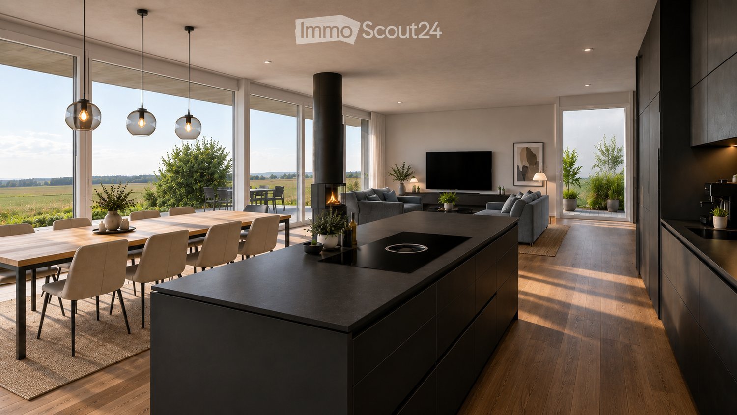 Open-plan living and dining area with modern furniture, large windows offering a scenic view, a central kitchen island, and a fireplace.