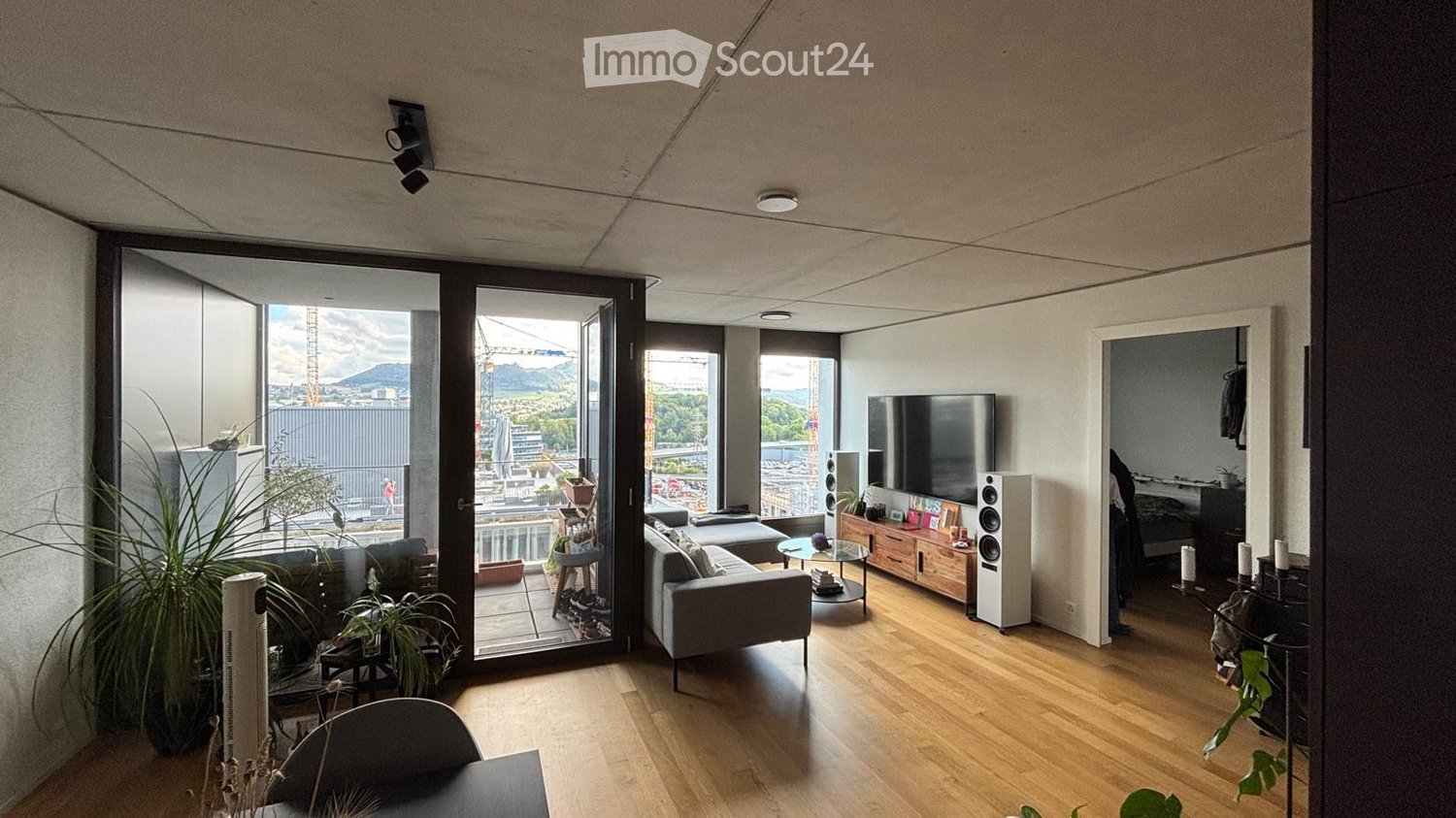Modern living room with large windows, wooden floor, grey sofa, coffee table, TV stand, floor lamp, and plants.