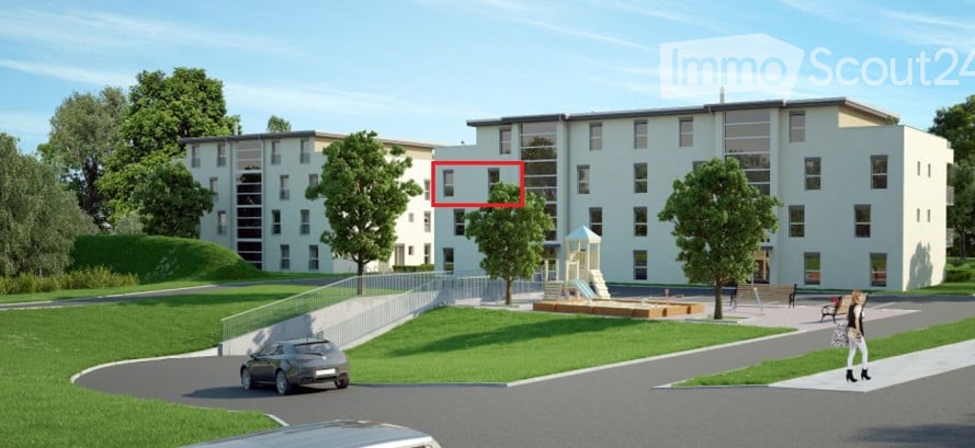 Modern multi-story residential building with light-colored facade, large windows, and a landscaped area with a playground and parking space.