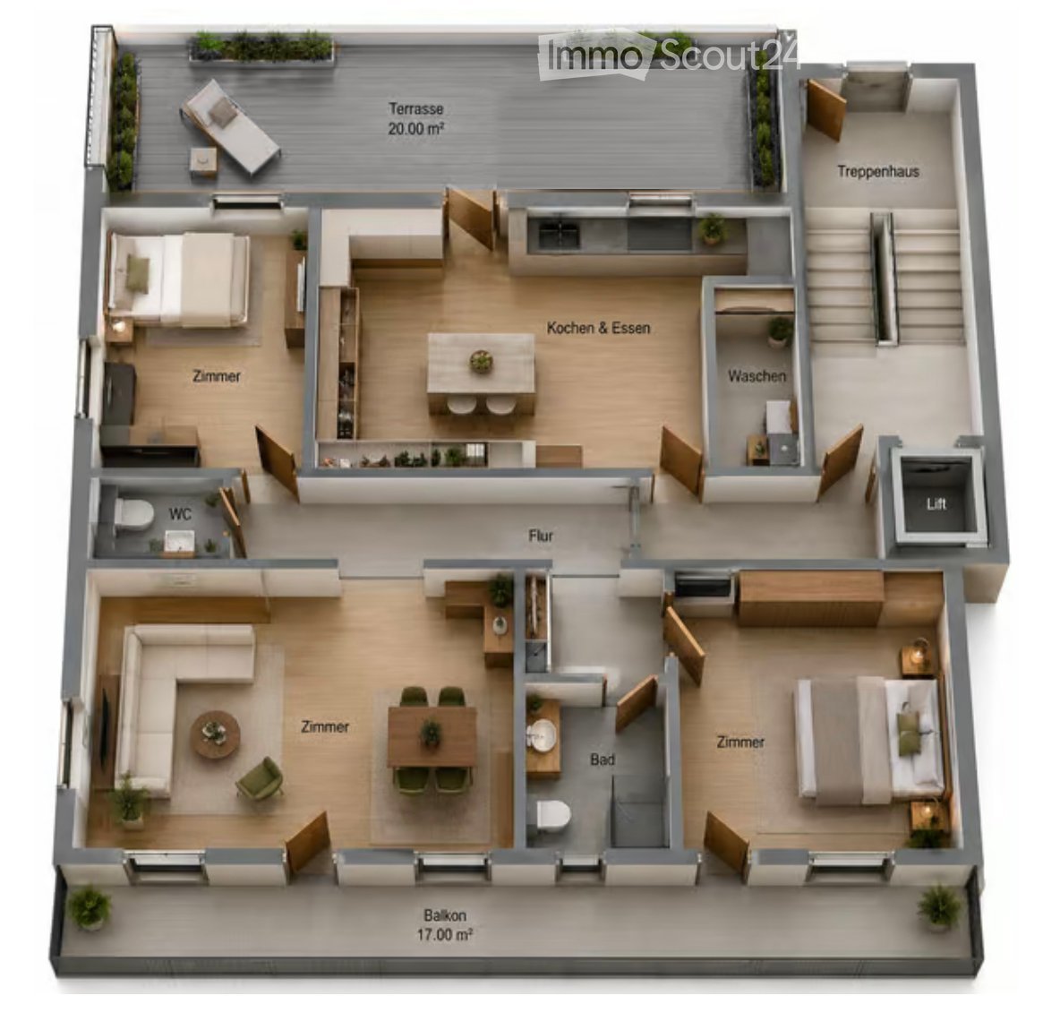 3D floor plan of a modern apartment with multiple rooms including living room, dining area, kitchen, bedrooms, bathrooms, and a balcony.
