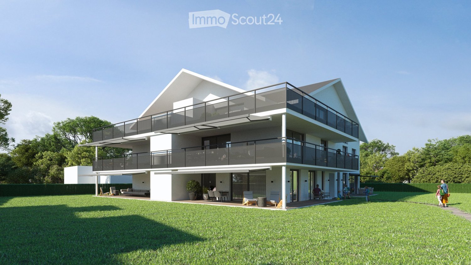 Modern two-story house with white exterior, large windows, and balconies. The house features a spacious lawn and patio area with outdoor furniture.