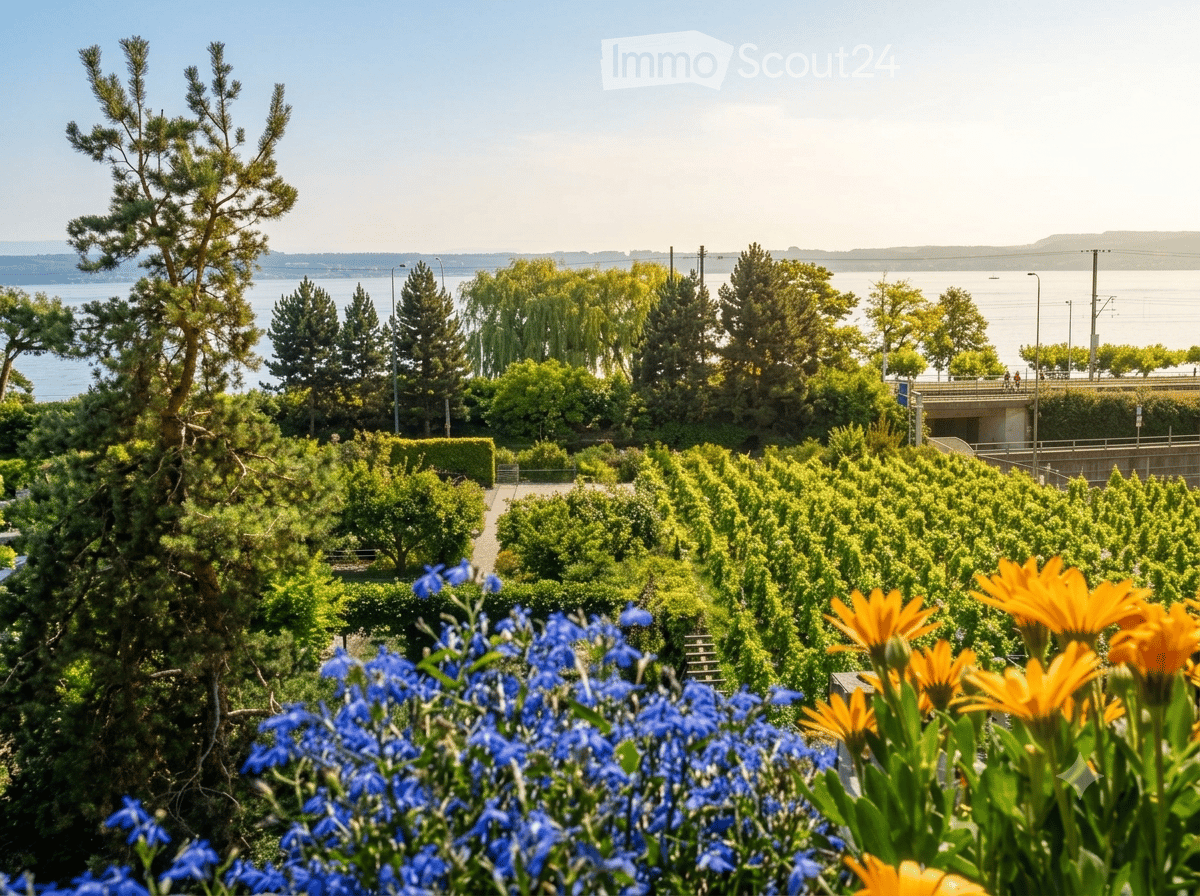 Garden area with neatly arranged trees and shrubs, vibrant blue and yellow flowers in the foreground, and a scenic view of a body of water and distant hills.