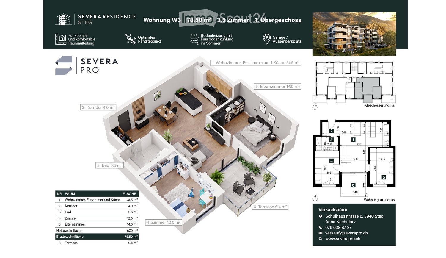 3D floor plan of a 78.50 m² apartment with 3.5 rooms, including living room, kitchen, bedroom, bathroom, hallway, and terrace.