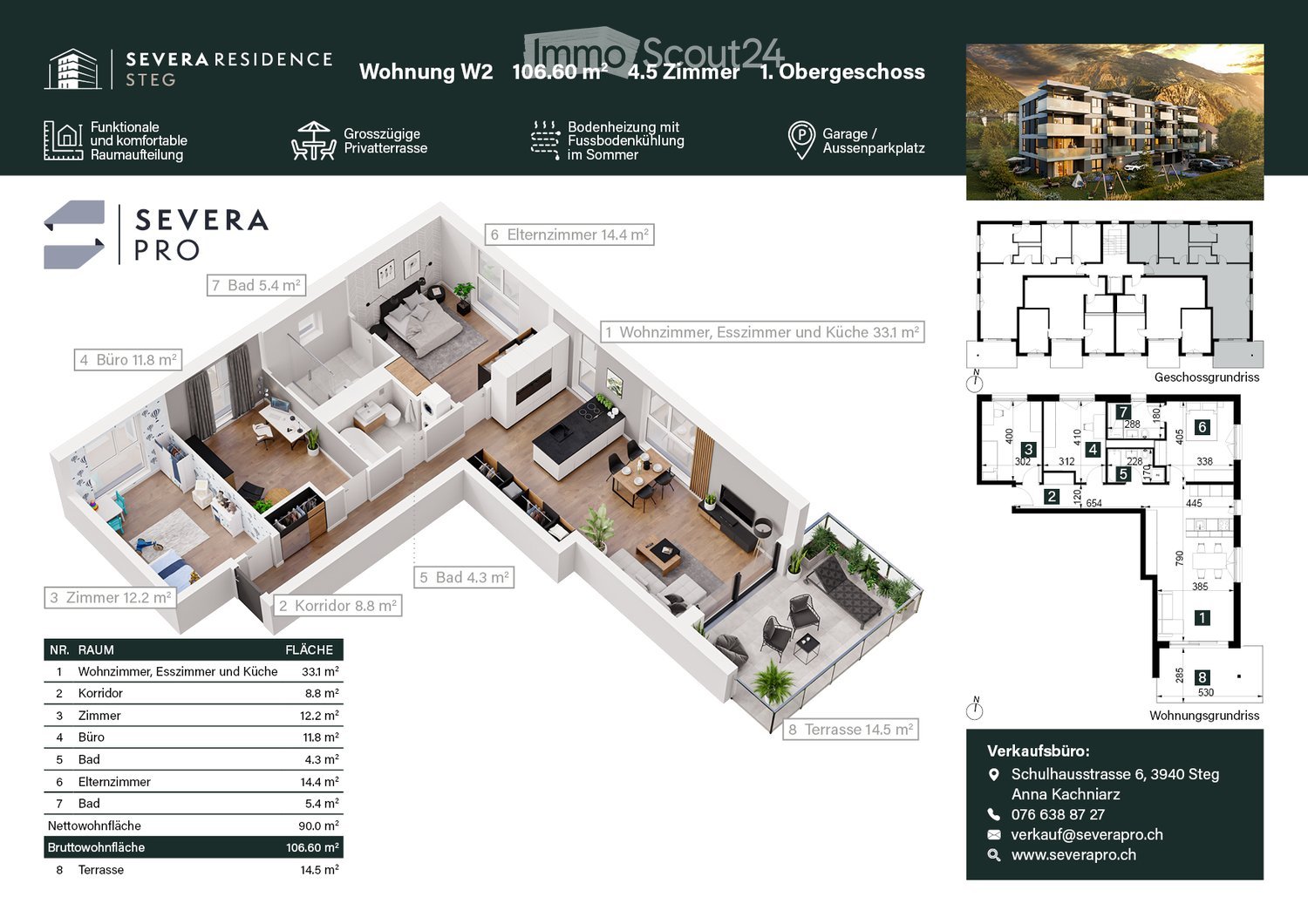 Floor plan of a 4.5-room apartment on the first upper floor, featuring a living room, dining room, kitchen, 3 bedrooms, 2 bathrooms, a study, and a terrace.