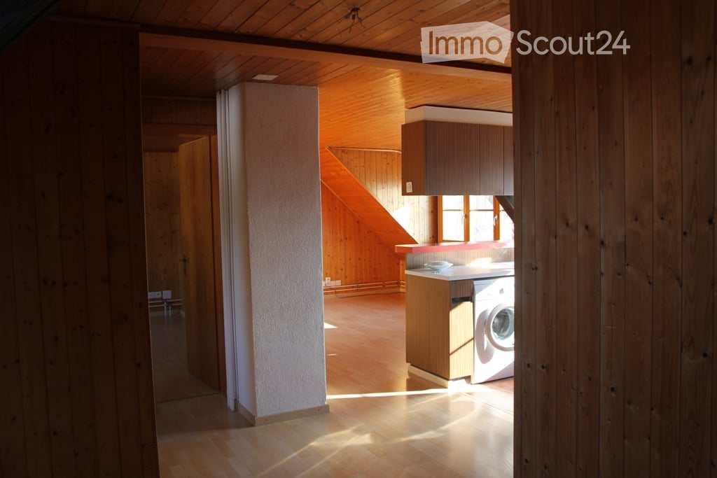 Bright, wooden-floored room with a washing machine and cabinets, featuring wooden walls and a slanted ceiling.