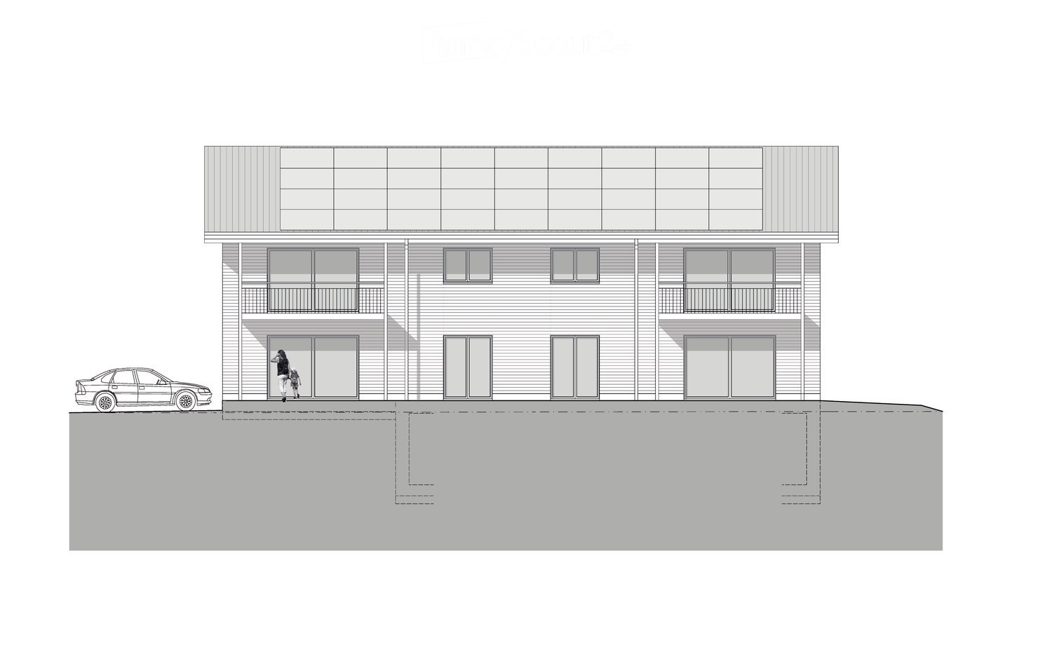 Two-story building with multiple windows and balconies, raised ground floor, and a parked car nearby.