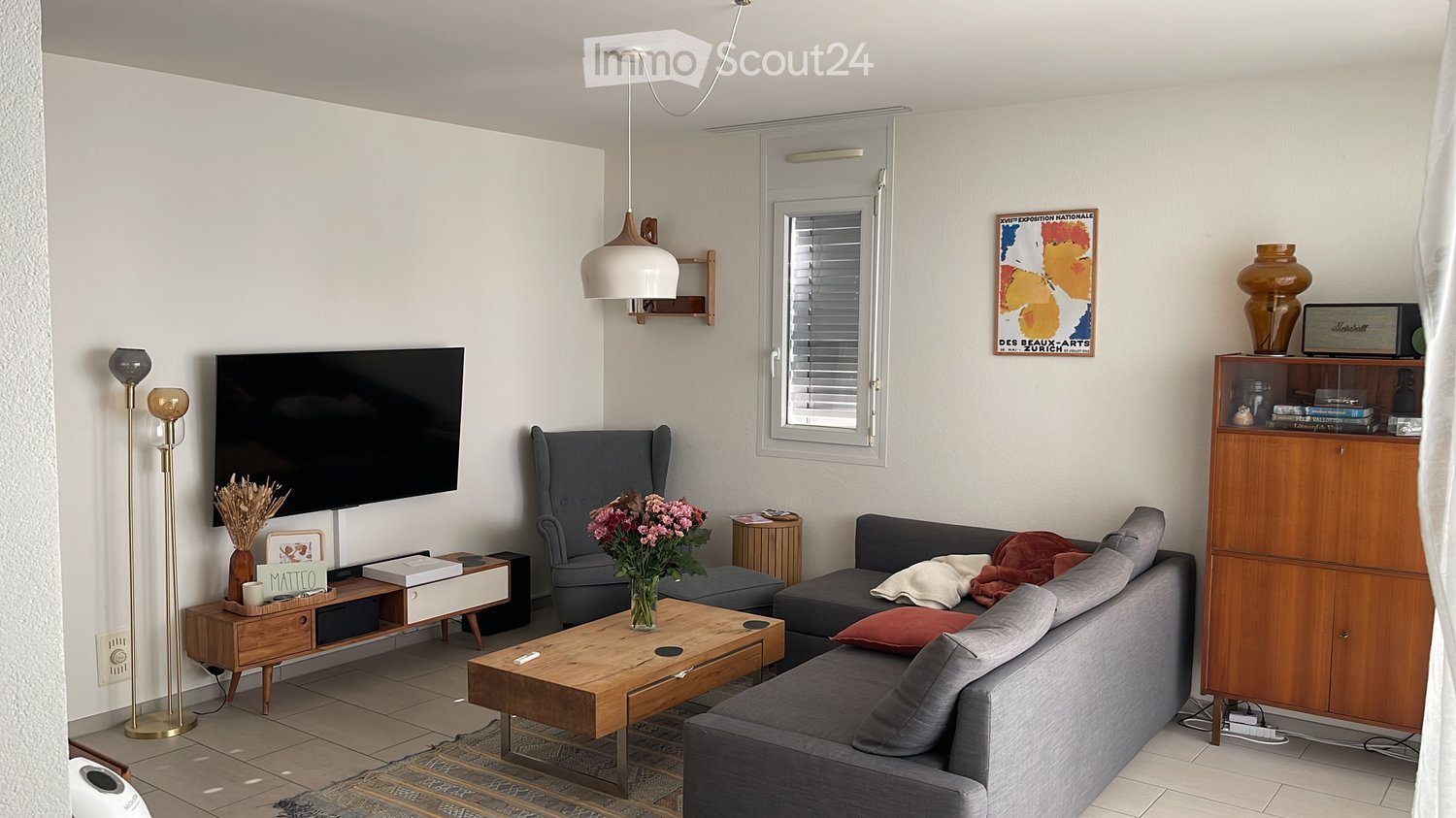 Modern living room with grey sofa, wooden coffee table, armchair, TV, floor lamp, and decorative items.