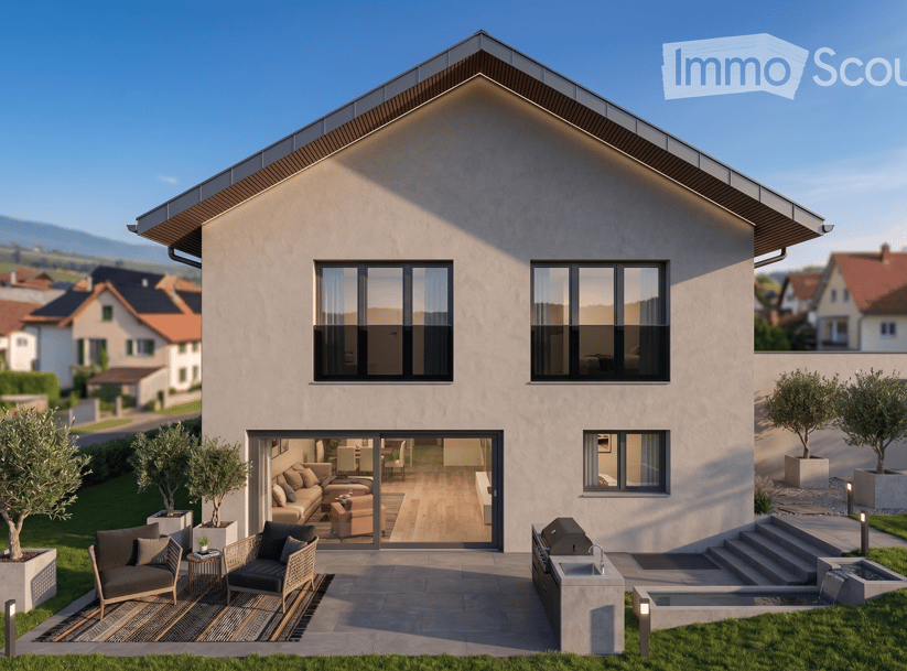 Modern single-family house with a flat roof, large windows, and a spacious patio area with outdoor seating and a swimming pool.