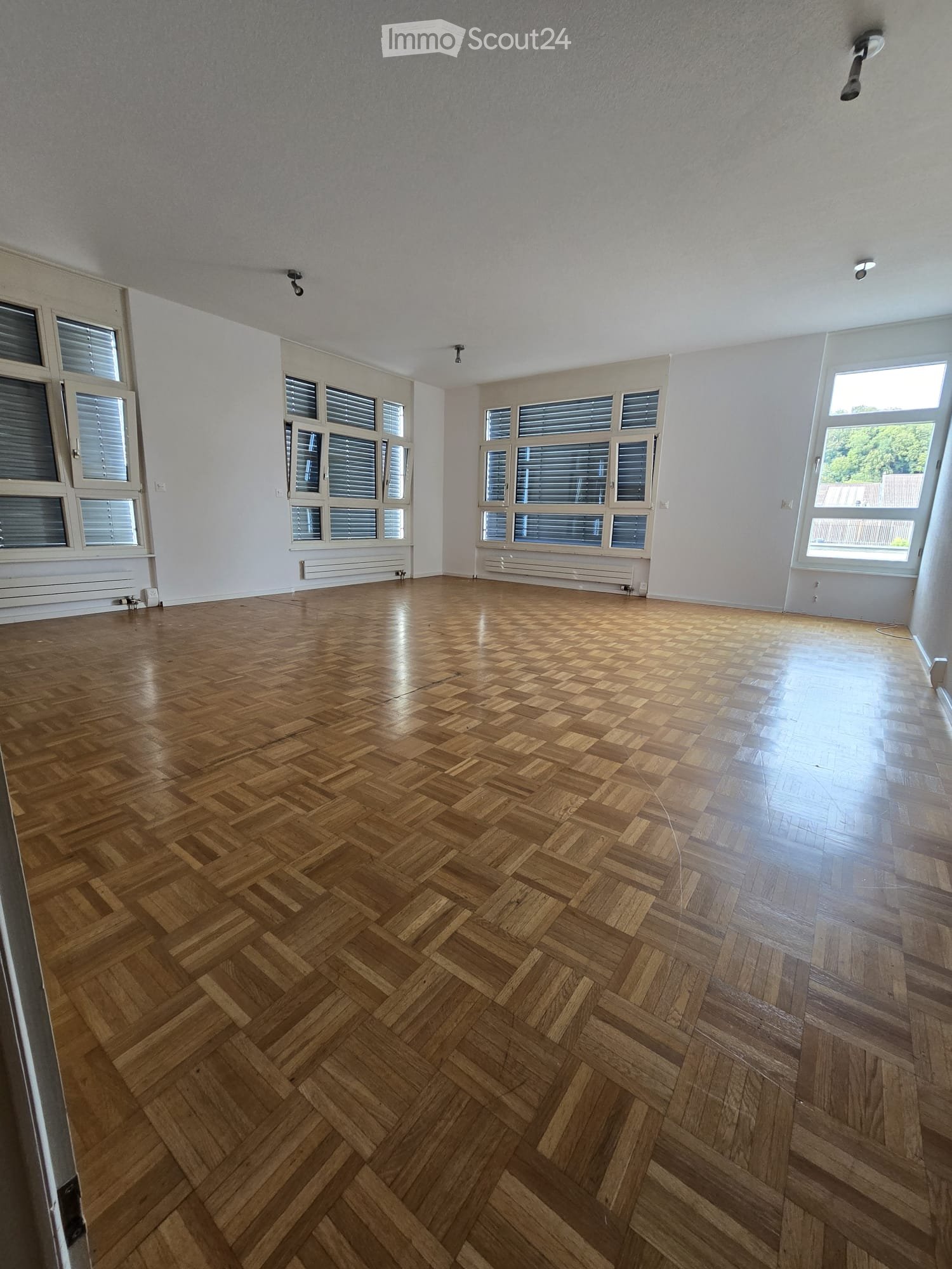 Empty room with wooden herringbone flooring, white walls, and multiple windows with blinds. No furniture or equipment present.