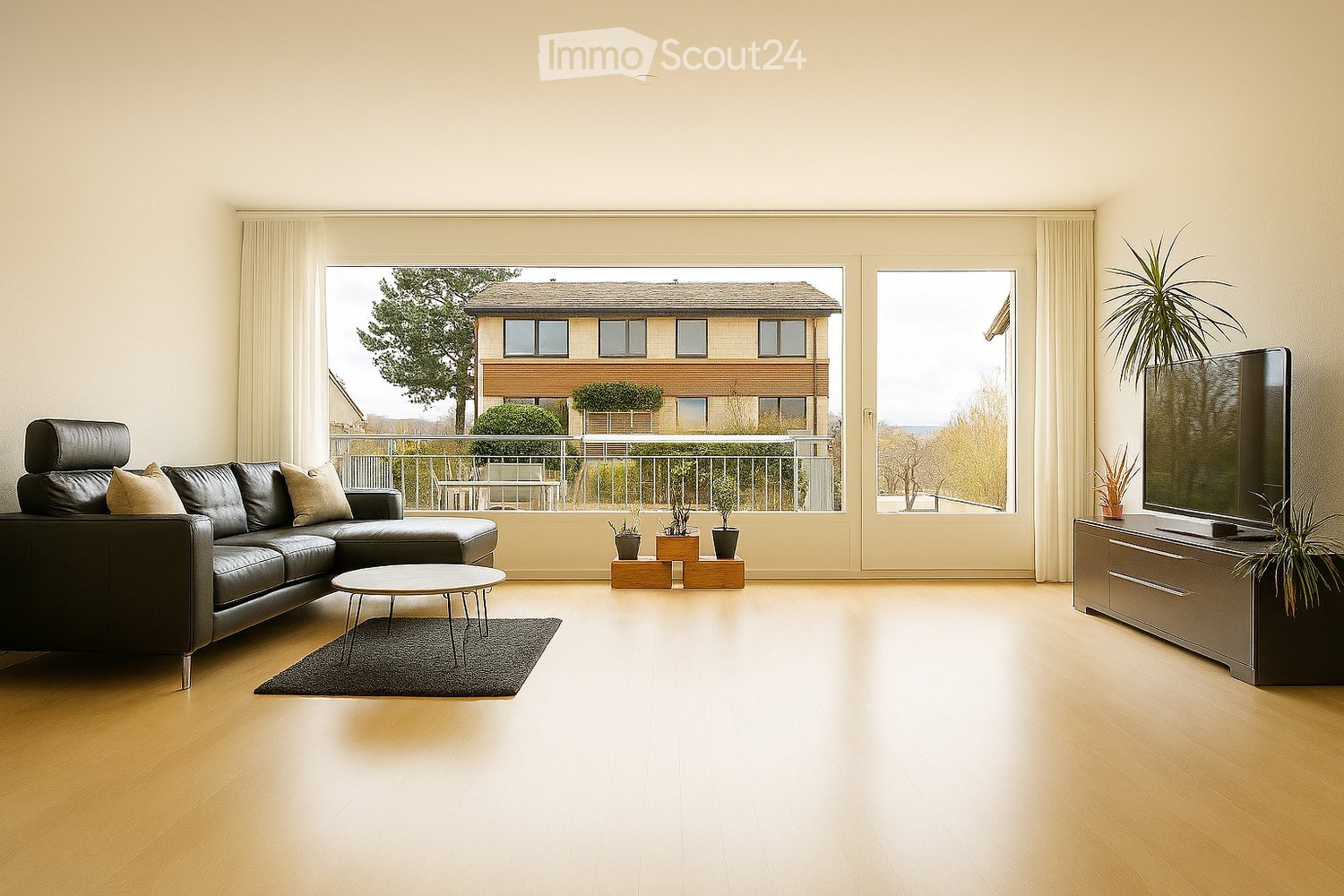 Modern living room with light wooden flooring, large windows, a black leather sectional sofa, a white coffee table, a TV stand, and potted plants. The room features a balcony with a view of a neighboring building.
