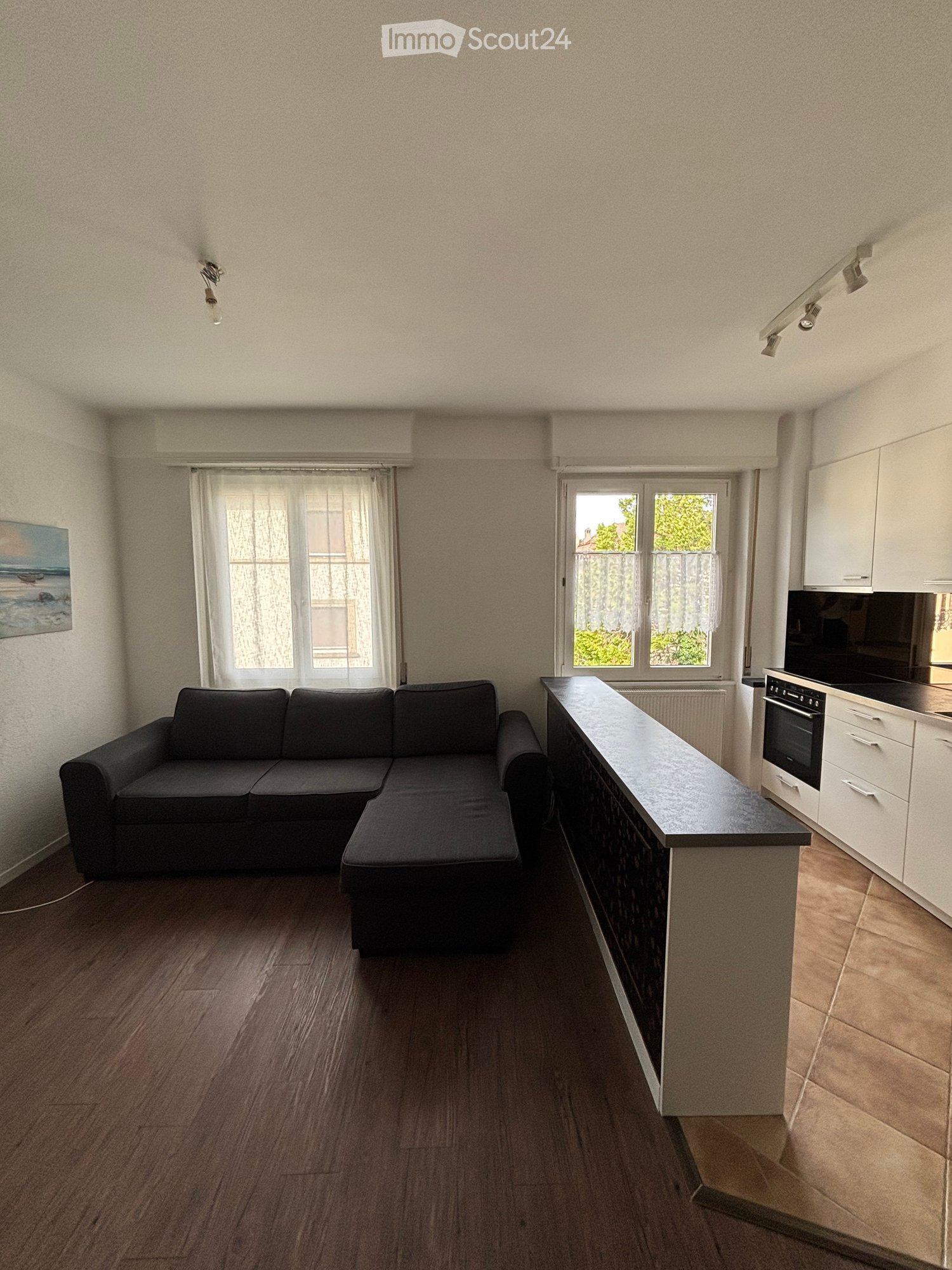 A modern, open-concept living and dining area with a dark grey sectional sofa, a kitchen island with a black countertop, white cabinets, and an oven. The space features wooden flooring, large windows with white curtains, and a painting on the wall.