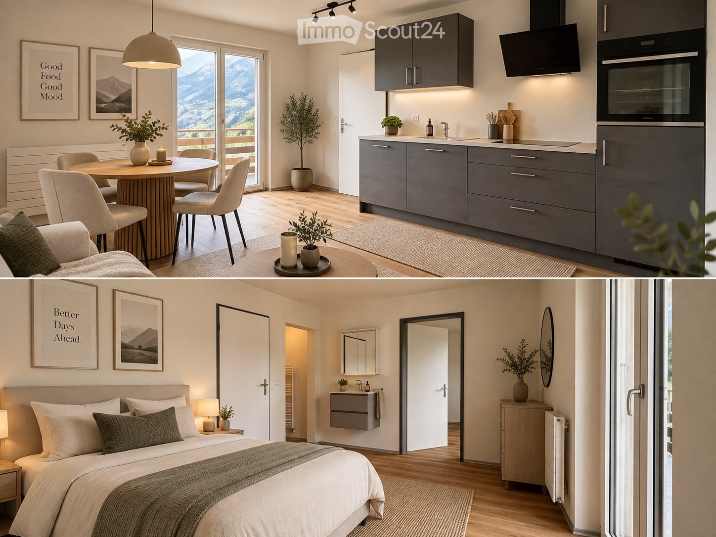 The image shows a modern, well-furnished living space with a kitchen and bedroom area. The kitchen features grey cabinets, a stainless steel sink, a refrigerator, and an oven. The living area includes a sofa, coffee table, and a dining table with chairs.