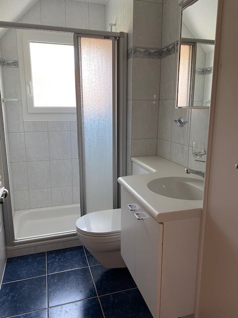 Modern bathroom with white tiles, a toilet, a sink with a cabinet, a mirror, and a glass-enclosed shower. Blue tiles on the floor.