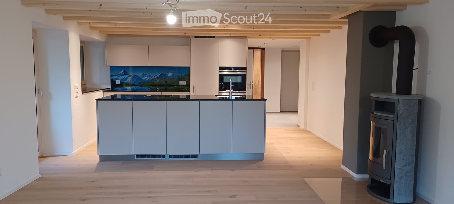 modern kitchen, island countertop, gas stove, oven, cabinets, fireplace