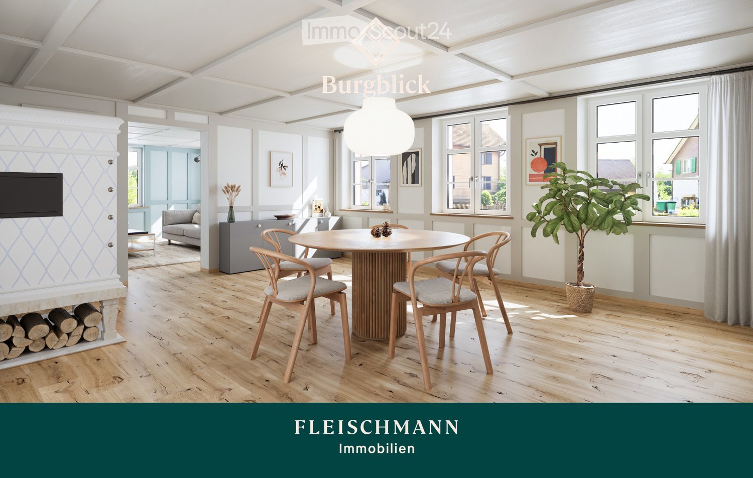 Bright, modern living and dining area with wooden flooring, large windows, a round dining table with four chairs, a sofa, a pendant light, a fireplace with stacked logs, and a potted plant.