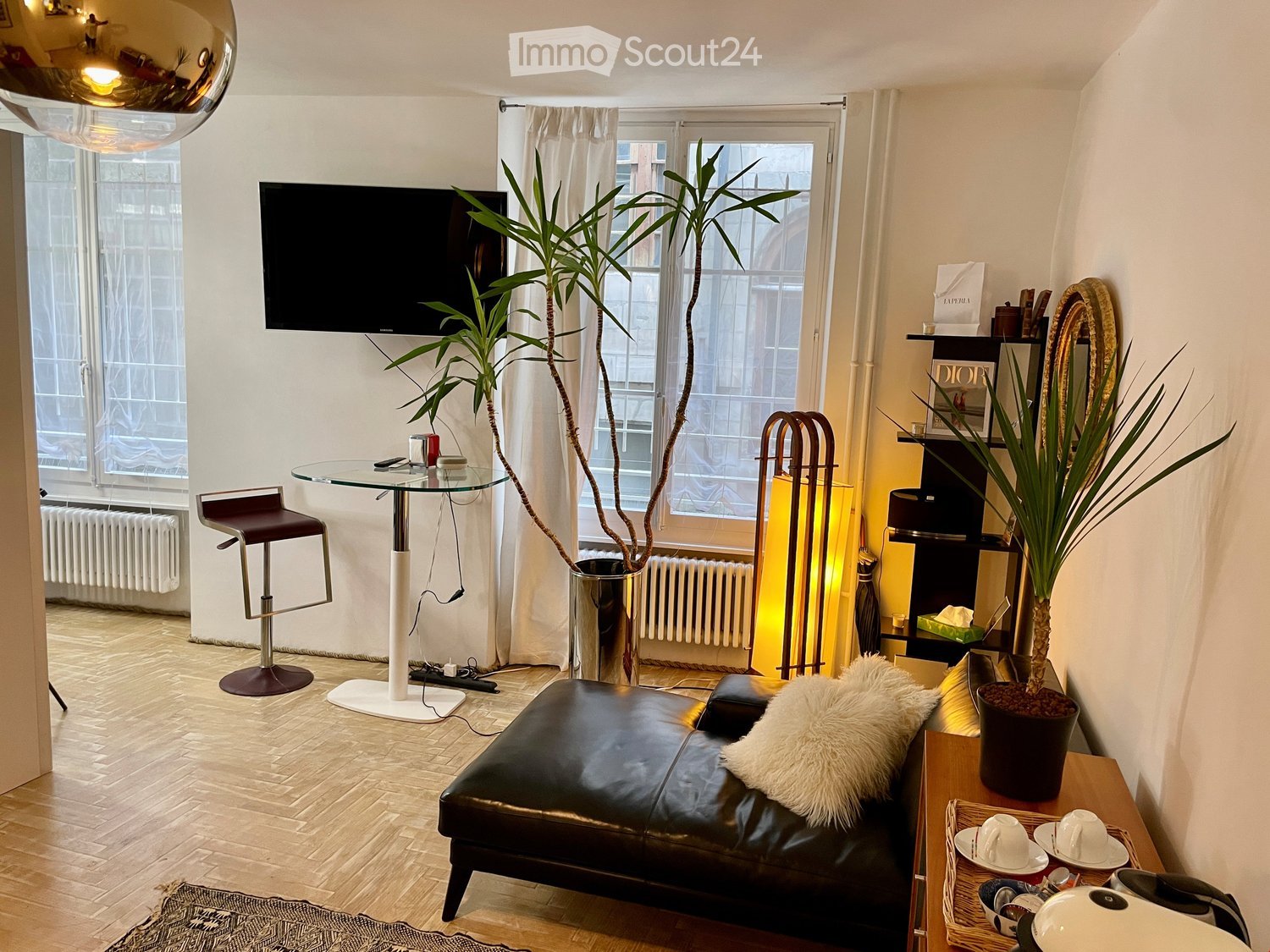 Modern living room with a leather sofa, glass table, potted plants, and a television mounted on the wall. The room features wooden flooring and large windows with white curtains.