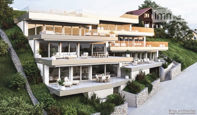 modern luxury house on hill, 4 stories, glass walls, terrace, raised ground floor