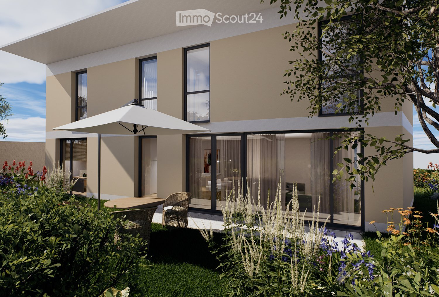 Modern house exterior with large windows, sliding glass doors, outdoor patio furniture, and lush garden with colorful flowers and greenery.