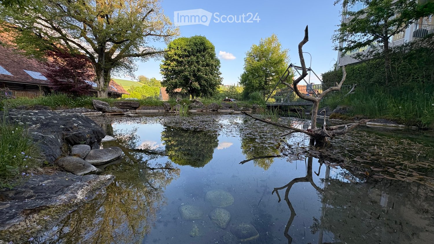 A serene garden area with a small pond surrounded by rocks and trees, featuring a wooden bridge and a traditional house in the background.