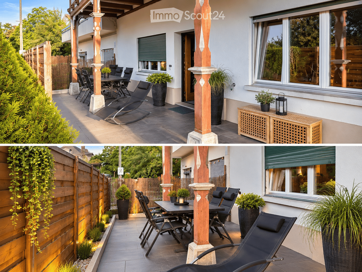 Outdoor patio area with wooden fence, lounge chairs, dining table, potted plants, and decorative lighting.