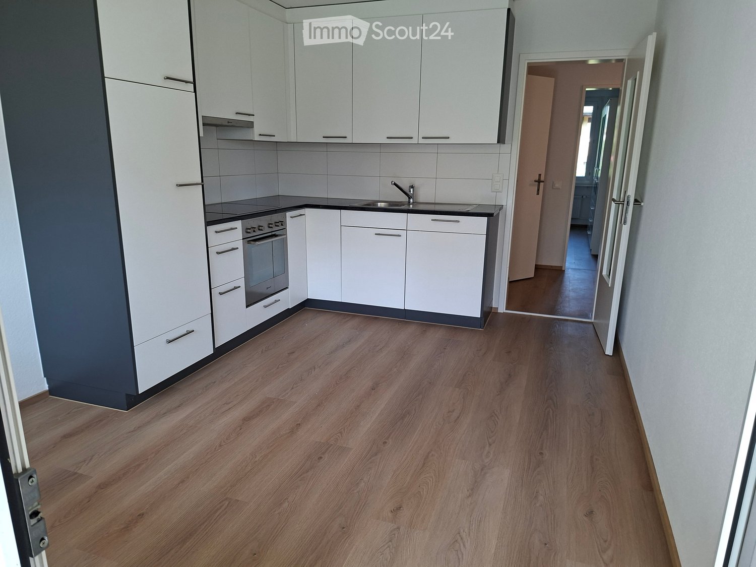 Modern kitchen with white cabinets, stainless steel oven, sink, and wooden flooring.