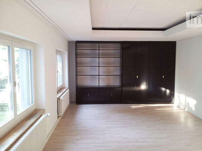 Empty room with light wooden flooring, white walls, large windows, and built-in black cabinetry.