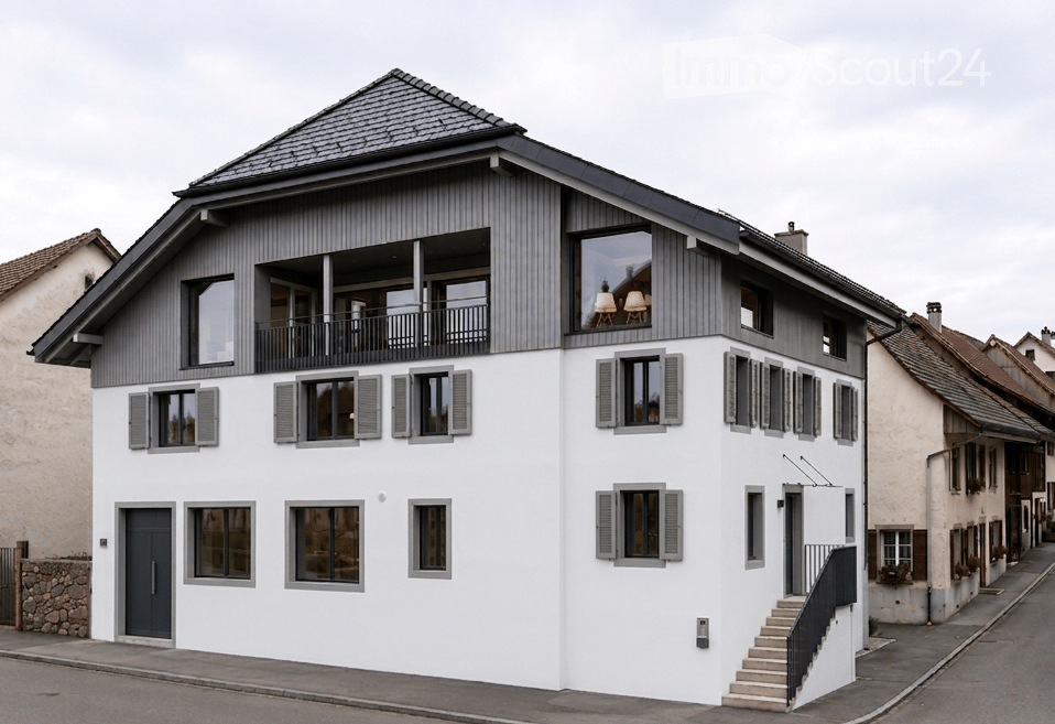 Modern two-story house with white walls, grey shutters, and a grey roof. Features include a balcony on the upper floor and a staircase leading to the entrance.