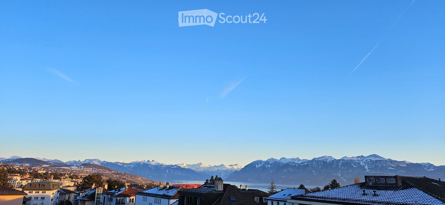 Panoramic view of a town with snow-capped mountains and a lake in the background under a clear blue sky.