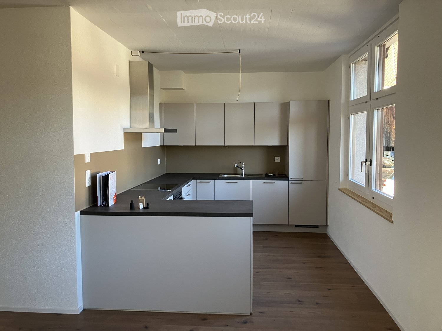 Modern kitchen with white cabinets, black countertop, and wooden flooring. Features a sink, stove, and various small items on the counter.